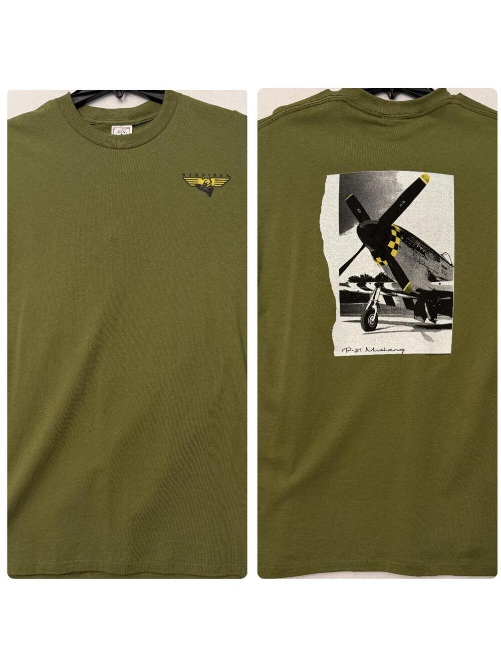 VINTAGE Warbirds P-51 Mustang T-Shirt Size L Green Single Stitch Delta 1995 USA